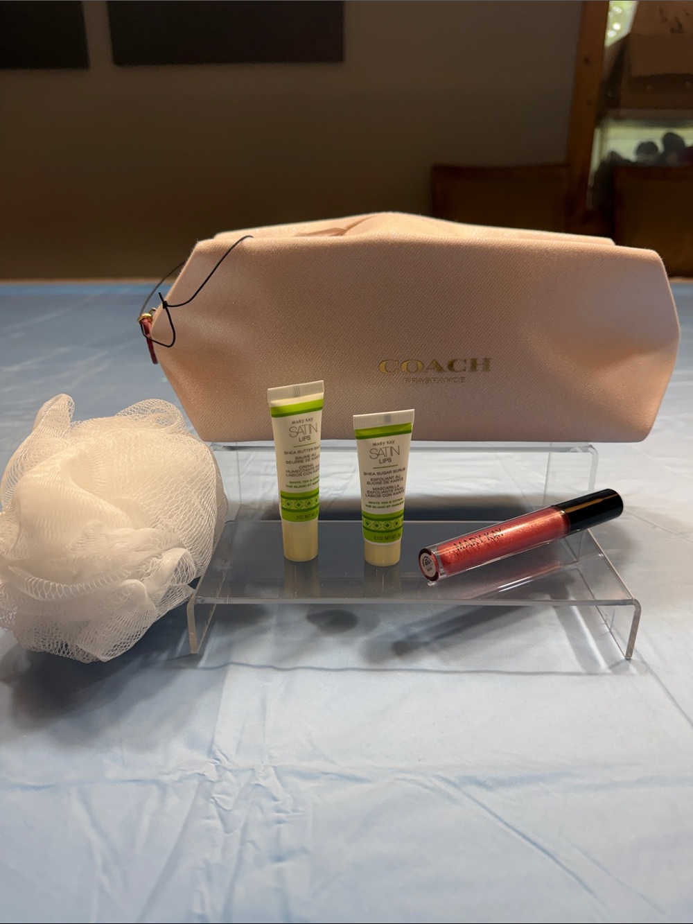 Coach Pink Cosmetic Pouch with Coral Lip Gloss and Satin Lips & Shower Buff